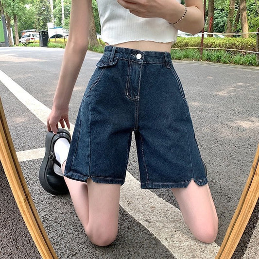 Summer Korean Style Plus Size High Waist Slit Denim Shorts For Women