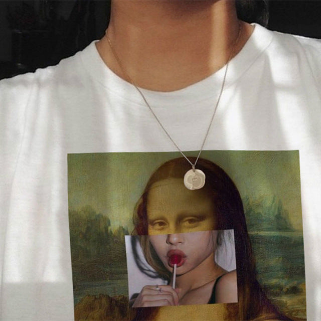 Round Neck Painting Mona Lisa Print Short Sleeves LAR