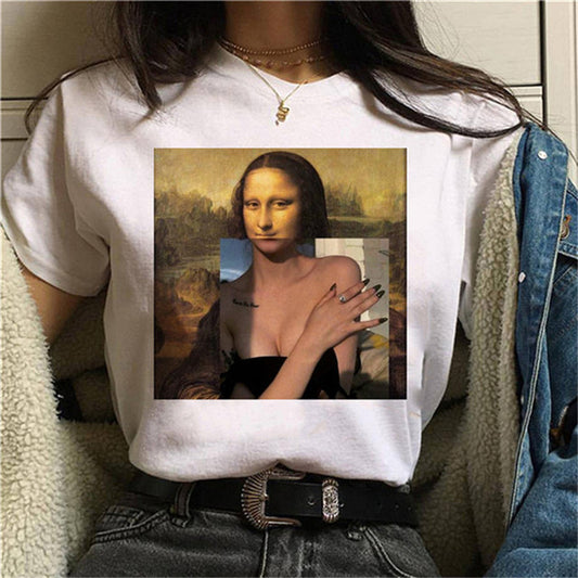 Round Neck Painting Mona Lisa Print Short Sleeves LAR