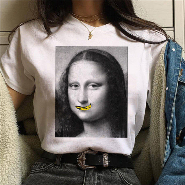 Round Neck Painting Mona Lisa Print Short Sleeves LAR