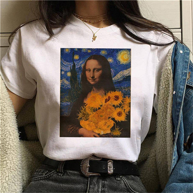 Round Neck Painting Mona Lisa Print Short Sleeves LAR