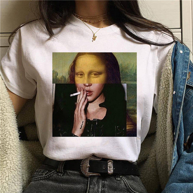 Round Neck Painting Mona Lisa Print Short Sleeves LAR