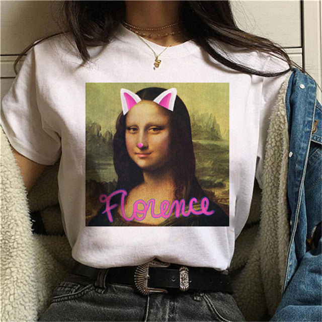 Round Neck Painting Mona Lisa Print Short Sleeves LAR