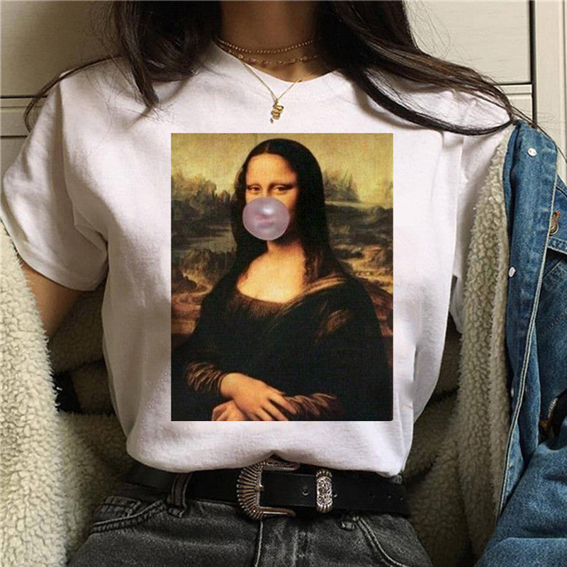 Round Neck Painting Mona Lisa Print Short Sleeves LAR