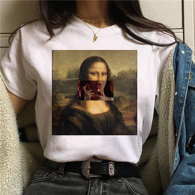 Round Neck Painting Mona Lisa Print Short Sleeves LAR