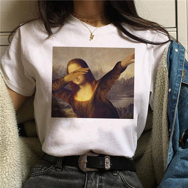 Round Neck Painting Mona Lisa Print Short Sleeves LAR