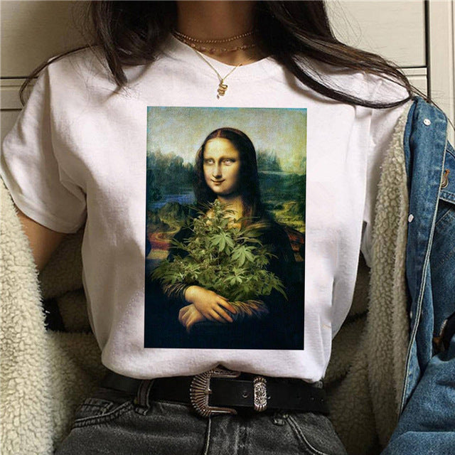 Round Neck Painting Mona Lisa Print Short Sleeves LAR