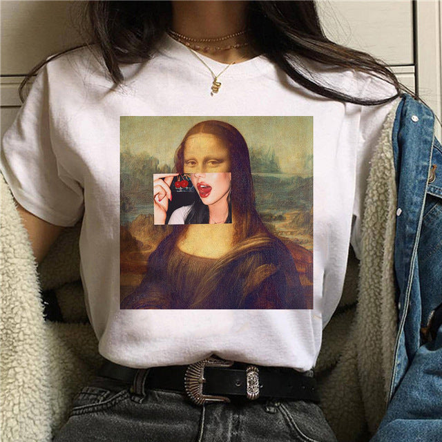 Round Neck Painting Mona Lisa Print Short Sleeves LAR