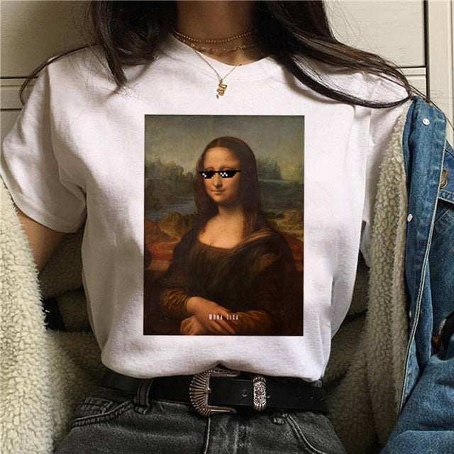 Round Neck Painting Mona Lisa Print Short Sleeves LAR