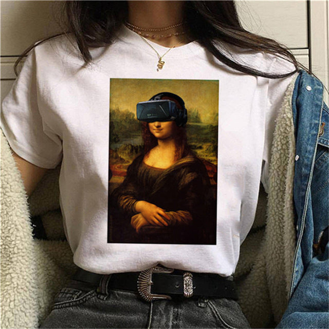 Round Neck Painting Mona Lisa Print Short Sleeves LAR