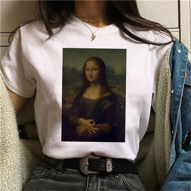 Round Neck Painting Mona Lisa Print Short Sleeves LAR