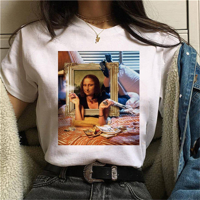 Round Neck Painting Mona Lisa Print Short Sleeves LAR