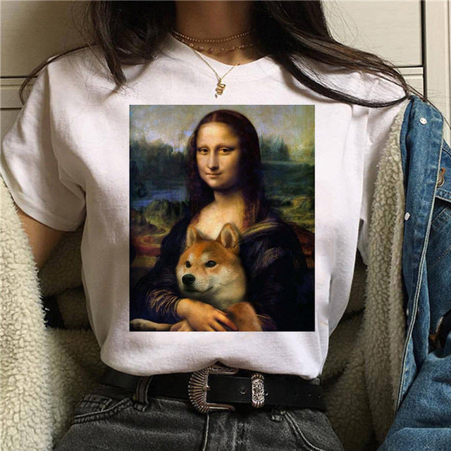 Round Neck Painting Mona Lisa Print Short Sleeves LAR