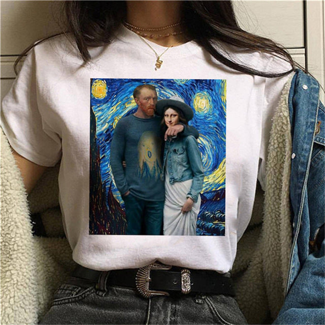 Round Neck Painting Mona Lisa Print Short Sleeves LAR