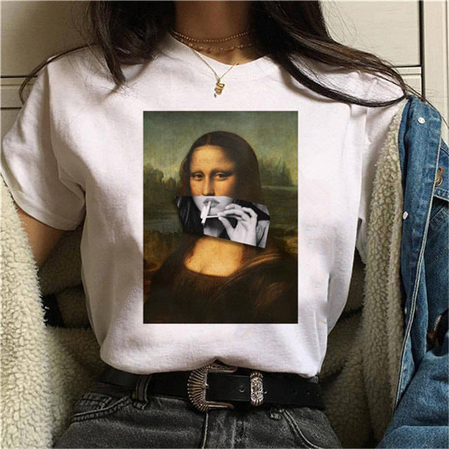 Round Neck Painting Mona Lisa Print Short Sleeves LAR