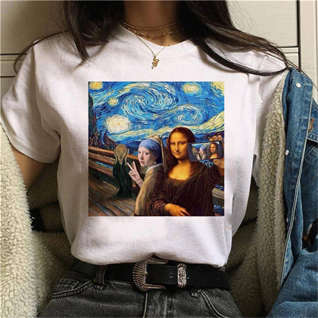 Round Neck Painting Mona Lisa Print Short Sleeves LAR