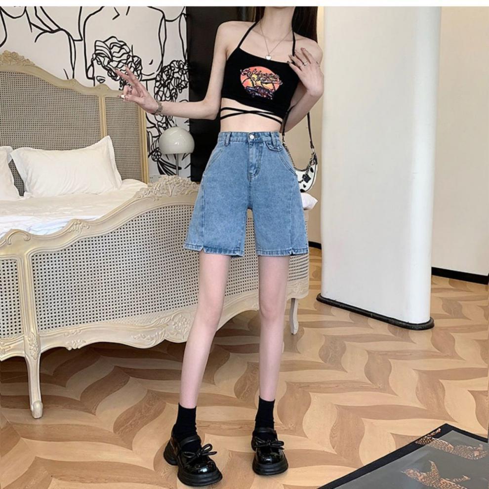 Summer Korean Style Plus Size High Waist Slit Denim Shorts For Women