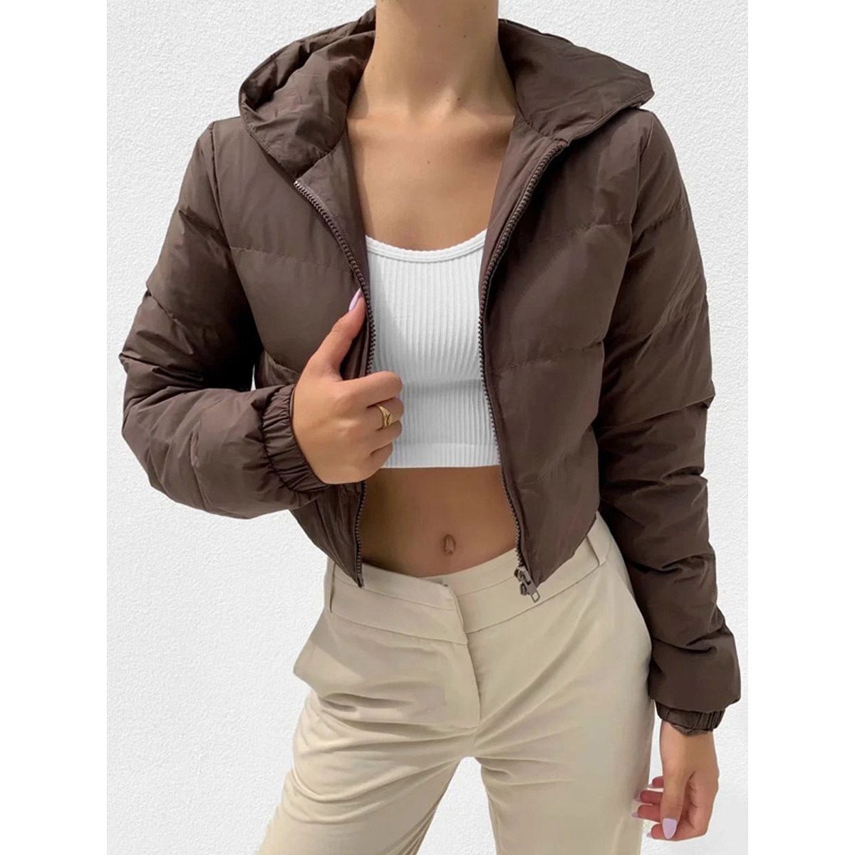 Fashion Zipper Hooded Short Coat Winter Mandela-color Jacket Outerwear Women's Clothing