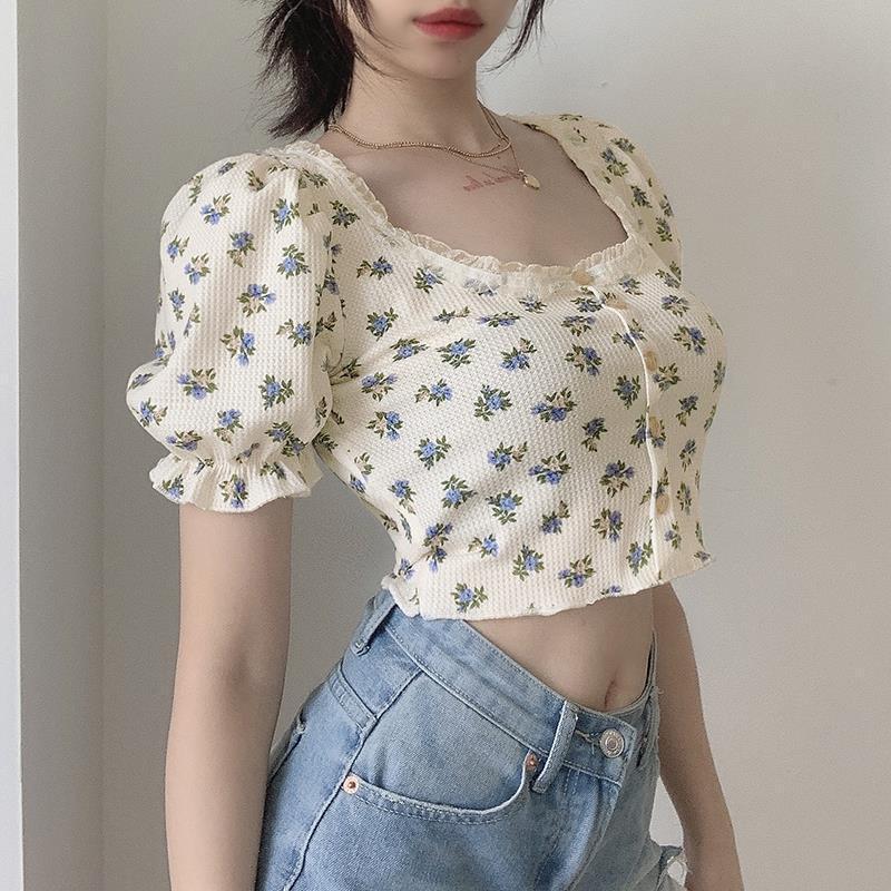 Single-breasted Puff Sleeve Top