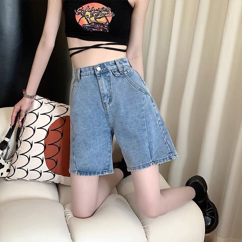 Summer Korean Style Plus Size High Waist Slit Denim Shorts For Women