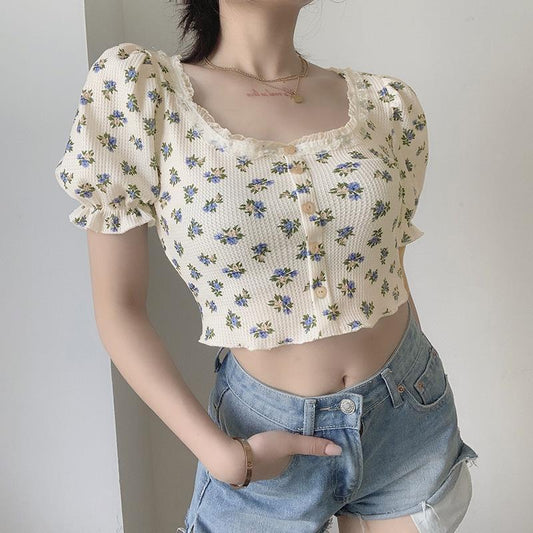 Single-breasted Puff Sleeve Top