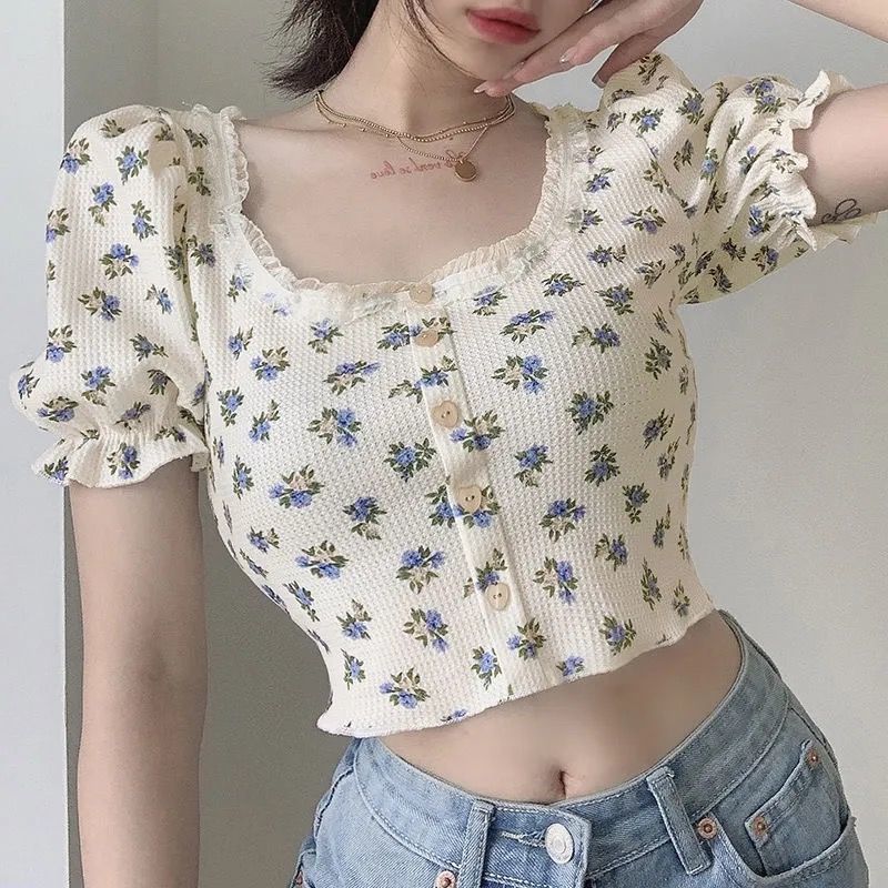 Single-breasted Puff Sleeve Top