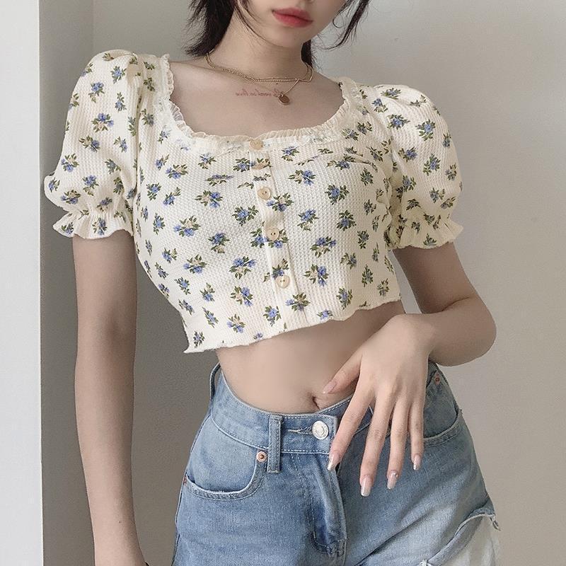 Single-breasted Puff Sleeve Top